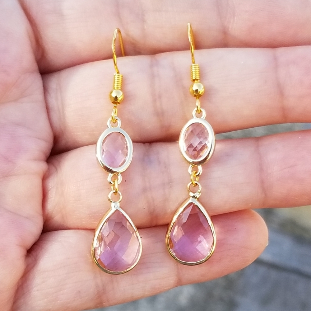 14k Gold Pink Tourmaline Teardrop Dangle Earrings, Pastel Pink Gemstone